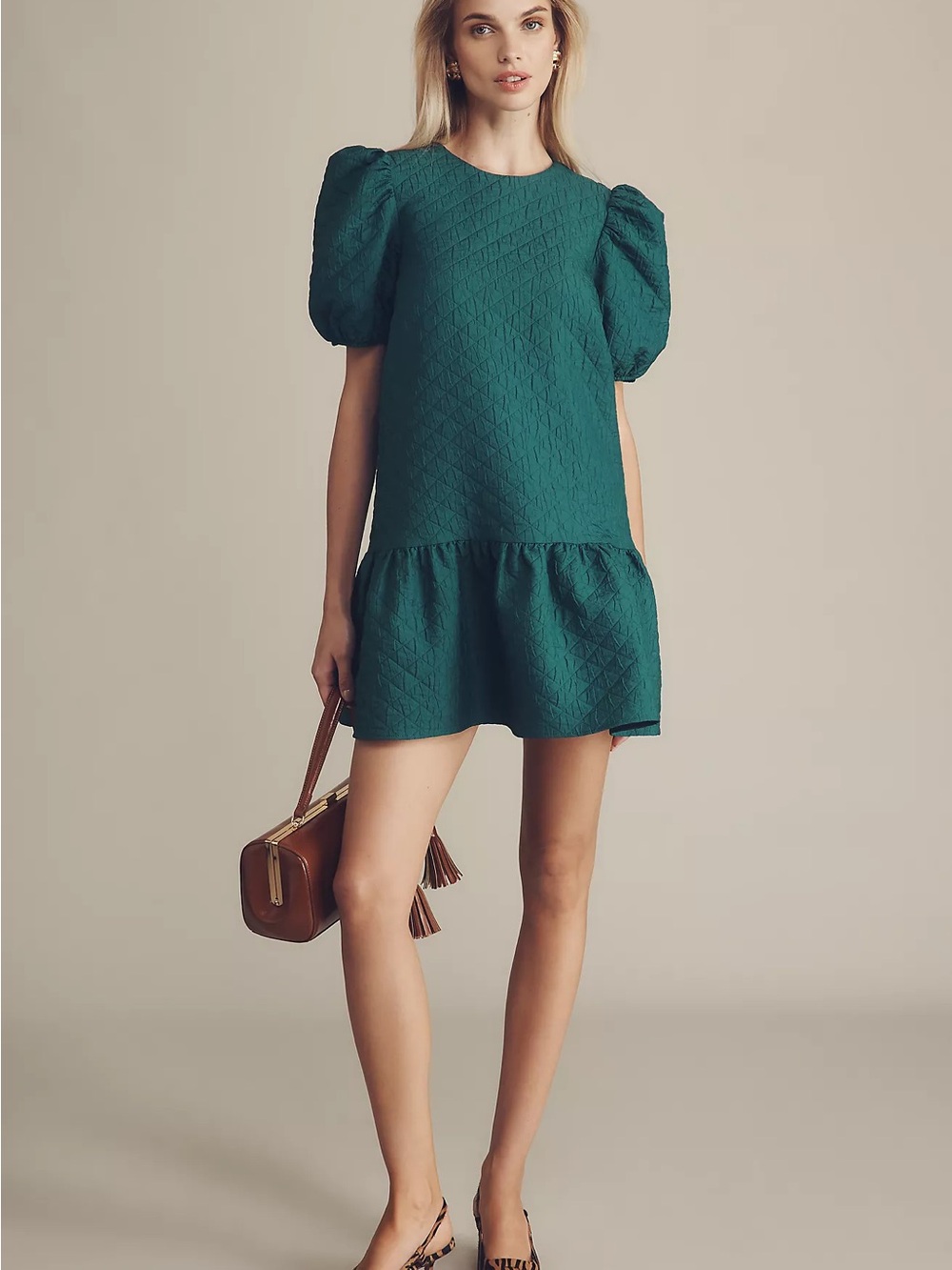 Anthropologie Maeve Teal Puff-Sleeve Quilted Mini Dress